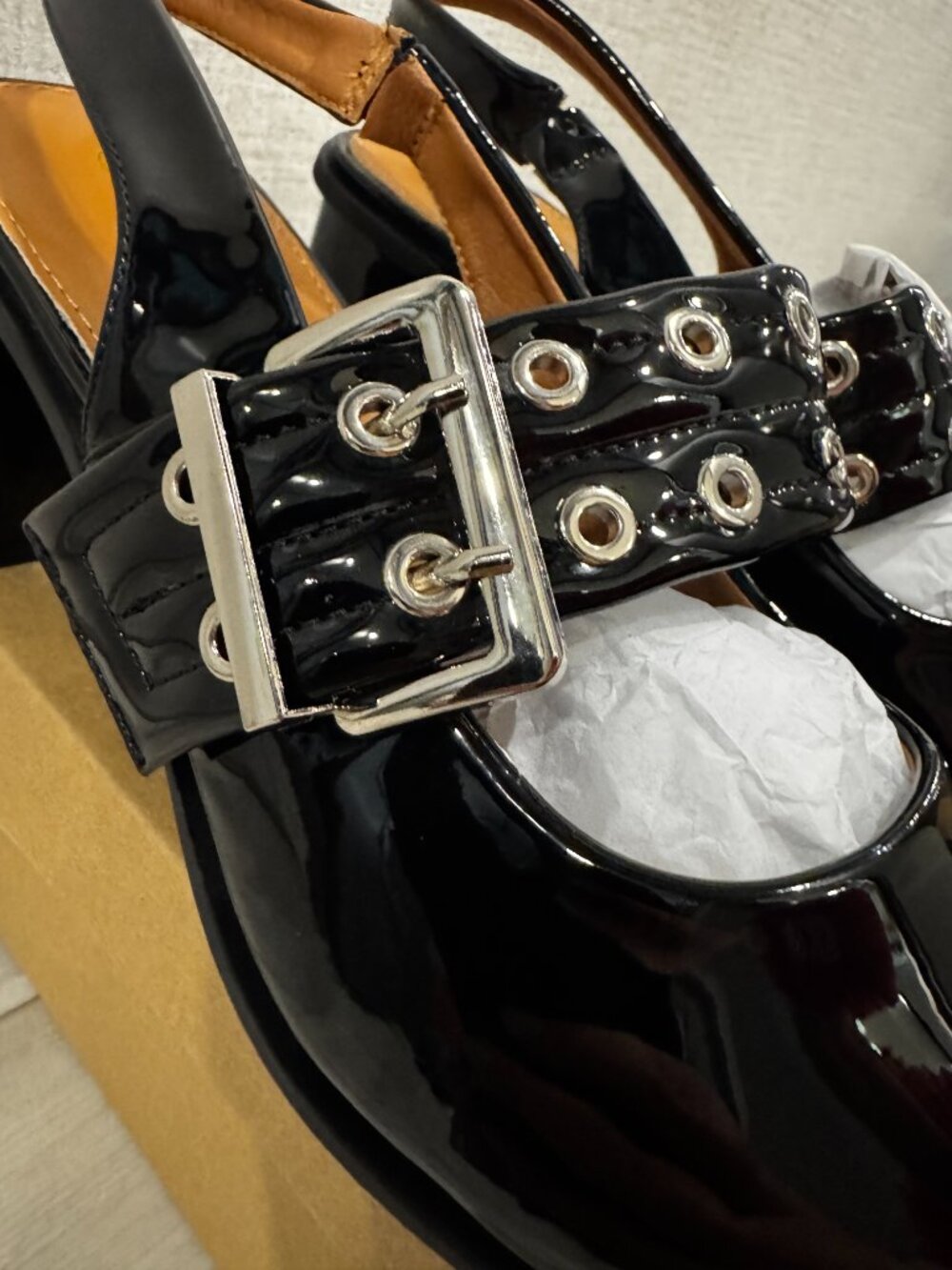 NEWBELLA Black Patent Mary Jane Slingback | Grommet Buckle | Block Heel 8.5 NIB - Picture 10 of 15